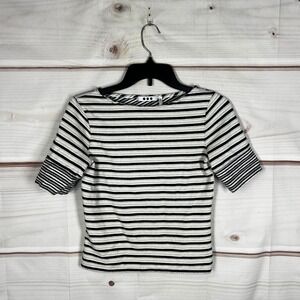 Three Dots Striped Top Womens Small Black White Crossover Back Tee Terry Knit